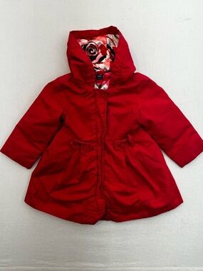 Baby Gap Toddler Red Hooded Bow Swing Coat Jacket Girls 18-24mo Floral Lining